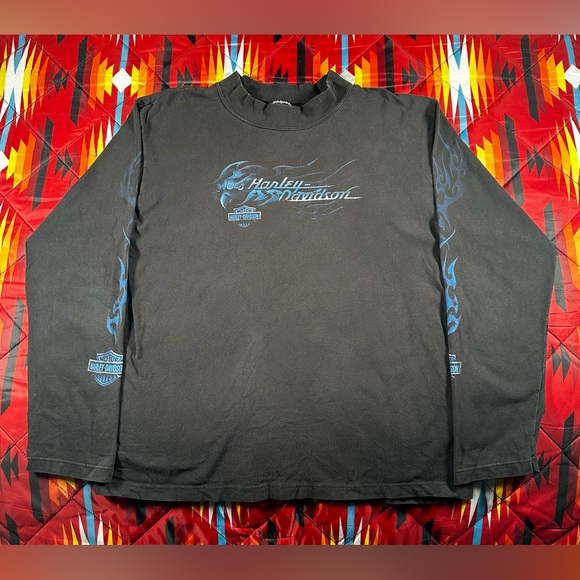 トップス Harley-Davidson Eagle Blue Flame Vintage 90's Harley Davidson Eagle Blue Flames Long Sleeve Shirt
